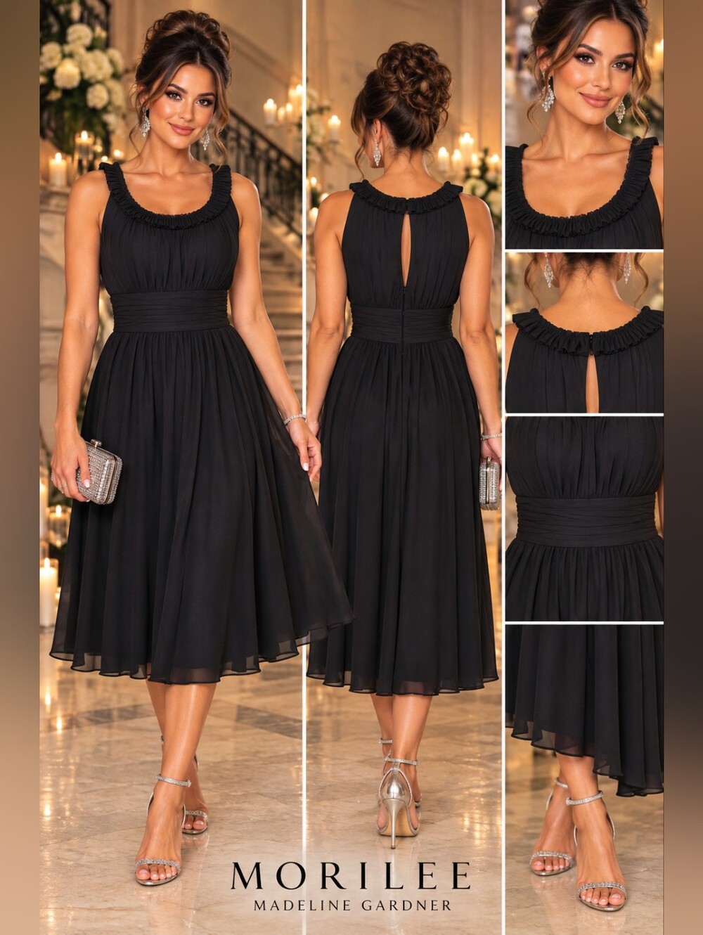 Morilee Madeline Gardner Black Chiffon Ruched Midi Dress 9/10 LBD HOCO